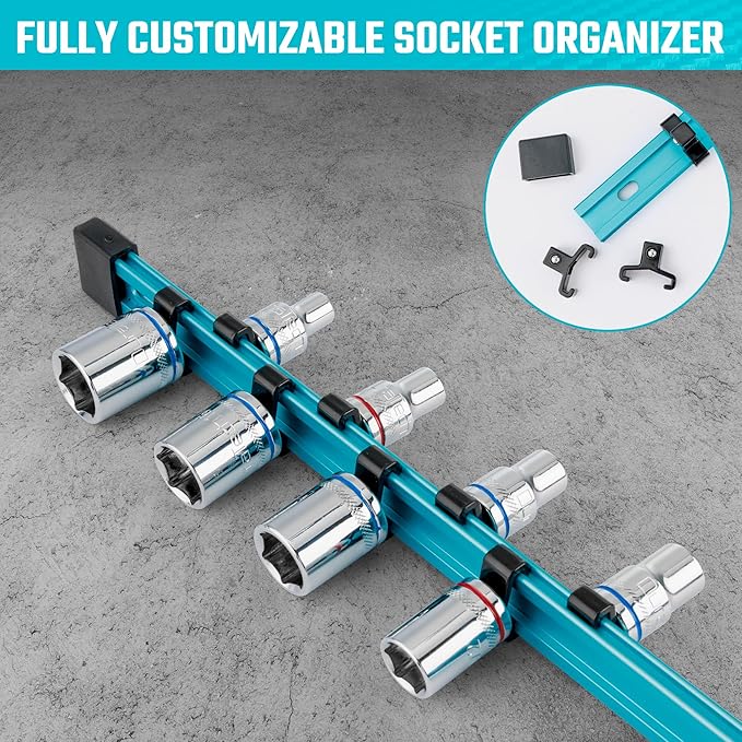 DURATECH Socket Organizer, 3/8-Inch Aluminum Alloy Socket Holder, Heavy Duty Socket Rail Hold 18 Sockets