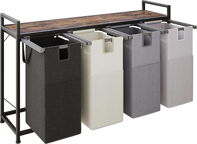Laundry Basket Four Laundry Hamper with Removable Bags, Fabric Handles, Large Top Shelf and Laundry Bag for Bathroom, Dorm, Laundry Room