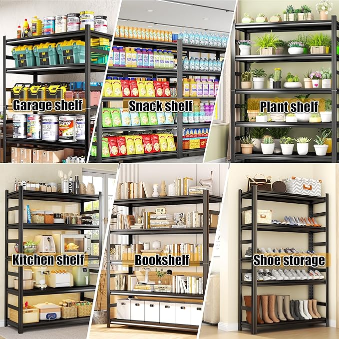78'' Garage Storage Shelves, Metal 5Tier Shelving Unit, Adjustable, Double-Layer Column with Reinforced Ribs, Heavy-Duty, Capable of Bearing 3000 lbs, Suitable for Plant, Warehouse, Kitchen Storage