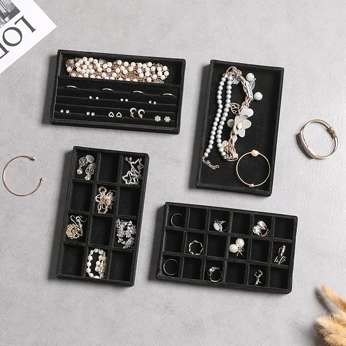 Frebeauty Jewelry Organizer Tray,Stackable Velvet Jewelry Trays,Drawer Inserts Earring Organizer For Women Jewelry Storage Display Case for Rings Stud Necklaces,Set of 6(Black)
