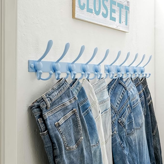 Dseap Coat Rack Wall Mount 2.0 Pro: Heavy Duty 300% Thicker, 16" Stud Mount, Stainless Steel Wall Coat Hooks Hanger for Clothes Jackets Hats Entryway Closet, MaxStrong Series, Blue