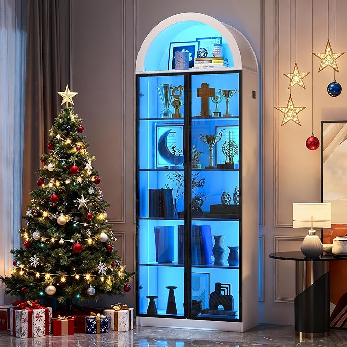 Display Cabinet with Doors and Adjustable Shelves, 76" Tall Display Case with LED Lights/Arch Storage Space, 6 Tier Bookcase for Collectibles Bedroom Living Room Office, White