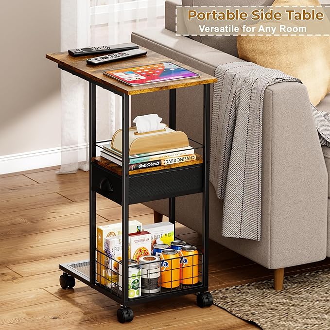 C Shaped Sofa Side Table with Wheels, Rolling Small Coffee Table with Drawer, Portable TV Tray Table for Couch, Bedside Table with Storage, Narrow Nightstand for Bedroom, End Tables Living Room