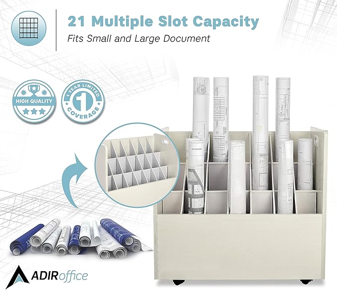 AdirOffice Adir Blue Print Storage Organizer - Mobile Roll File Cart, Construction Plan Holders, Blueprint Cabinet with Wheels, Roll Files Storage for Office and Home (21 Slots, White)