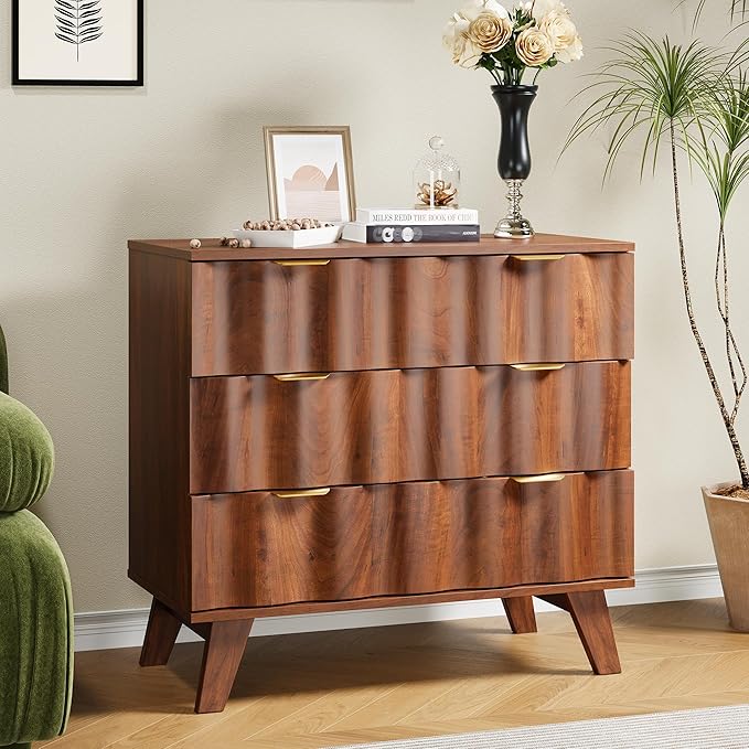 3 Drawer Dresser, Fluted Chest of Drawers with Handles for Closet, Large Nightstand with 3 Drawers Accent Cabinet for Bedroom, Living Room, Hallway (Walnut)
