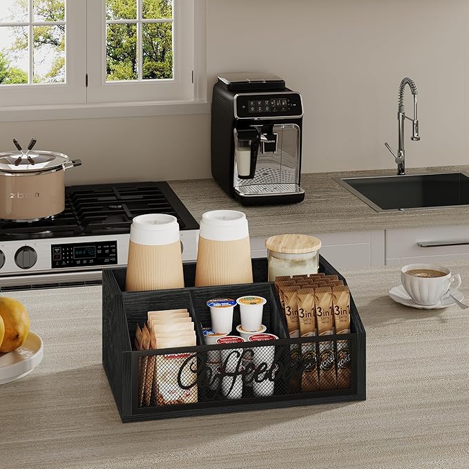 YINMIT Coffee Station Organizer for Countertop, Wood Coffee Bar Organizer with Removable Dividers for Pods, Syrup, Cups, Stirrer, Tea - Office Bar Accessories, Black
