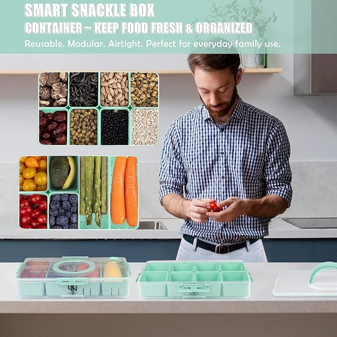 Stackable Snackle Box Container with 2 Lids, 14 Compartments - BPA-Free Snackle box Organizer, Dishwasher & Microwave Safe Reusable Snacklebox for Veggies, Fruits, Charcuterie, Snacks (Green, 2 Pack)