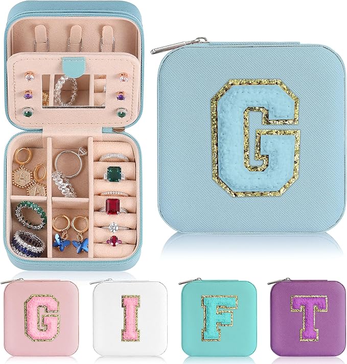 Parima Small Jewelry Box for Girls, Travel Initial Jewelry Boxs for Girls | Small Jewelry Organizer Box | Travel Jewelry Case Jewelry Organizer | Mini Jewelry Case - Letter G, Sky Blue