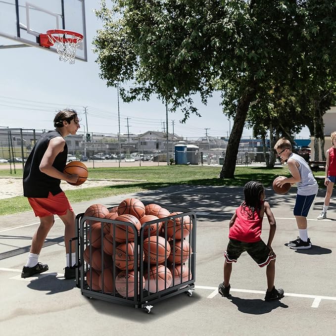MR Foldable Ball Cart with Wheels, Heavy-Duty Ball Cage Garage Sports Equipment Organizer, Collapsible Metal Rolling Multi Sports Ball Storage for Gym, Lockable Lid, Indoor and Outdoor