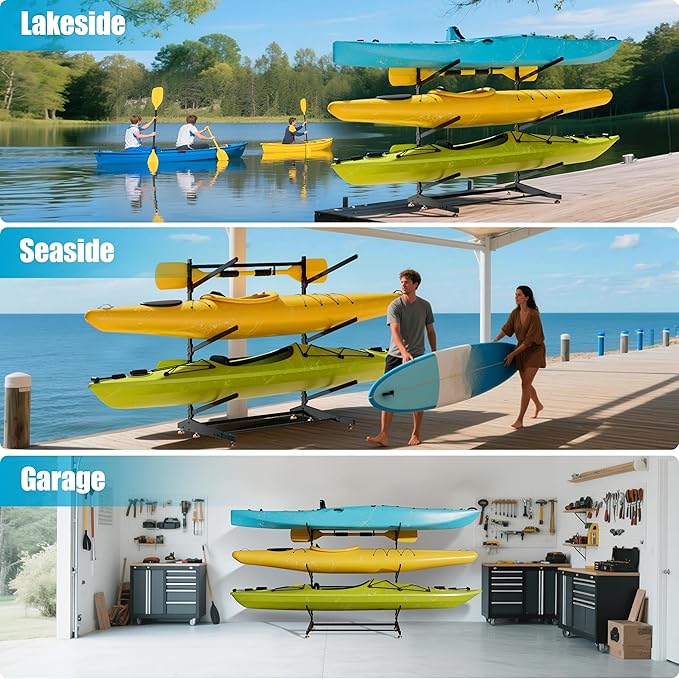 Kayak Storage Rack, Adjustable Outdoor Canoe Rack, Reinforced, Thickened, and and Enhanced Rust Resistance, Holds 330 lbs, for Safe Dock and Outdoor Kayak Storage(3-Tier, Black)
