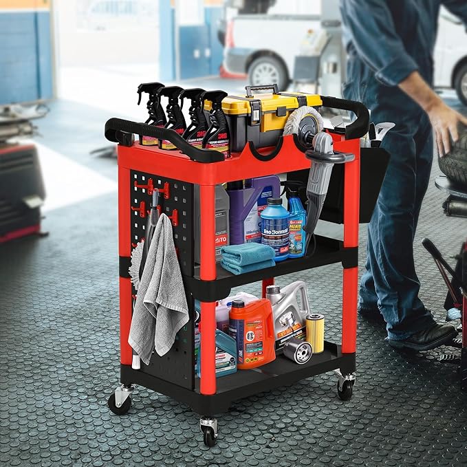 DWVO Auto Detailing Cart with Wheels, 3-Tier Rolling Tool Organizer with 2 Polisher Brackets, 17" D x 32" W Car Wash Utility Cart with Hooks & Hanging Bucket for Garage, Workshop, DIY Home