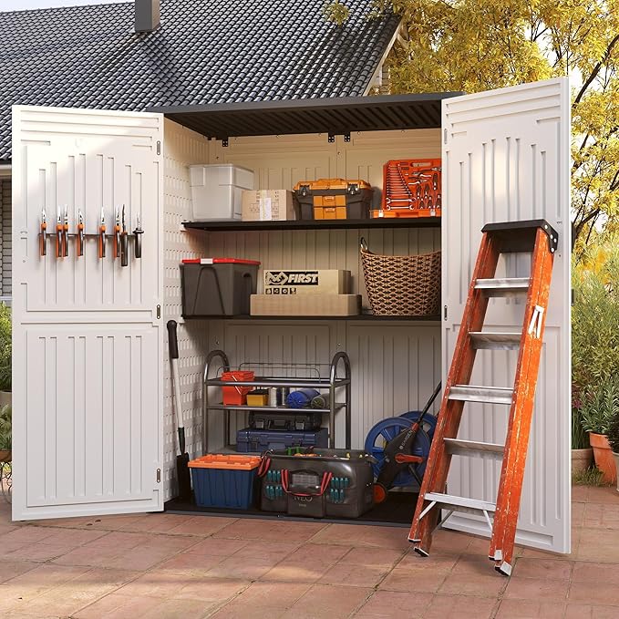 EHHLY Vertical Resin Storage Shed, 60 Cuft Garden Tool Sheds & Outdoor Storage, Plastic Outdoor Storage Cabinet Waterproof, 4.5 x 2.3 ft Backyard Outside Lawn Mower Storage Shed, Light Grey