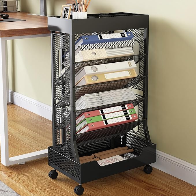 Book Cart with Wheels Mobile Bookshelf Rolling Bookshelf Organizer Bookcase Book Storage Rack, Book Movable Rolling Carts with Wheels for Office School, Black