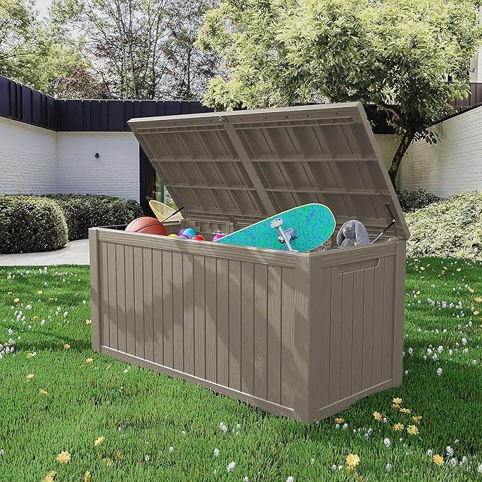 200 Gallon Resin Deck Box, Waterproof Outdoor Storage Box for Patio Furniture, Garden Tools, and Pool Accessories, Lockable UV-Resistant Storage Bin Bench Cabinet for Outside, Grey