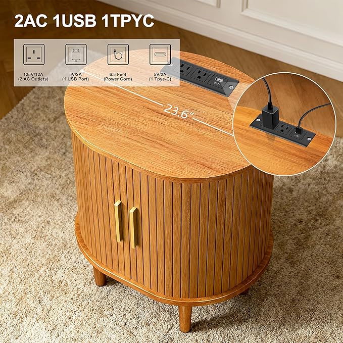 Nightstand with Charging Station, Fluted Accent Side Table with Sliding Door & Adjustable Shelf, Mid-Century Modern End Table for Small Space, Living Room, Bedroom (1, Yellow Walnut)