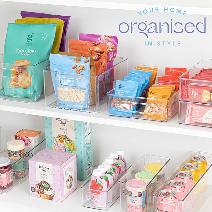 primebox Plastic Food Storage 8 Pack Clear Container Bin with Handles for Organizing Kitchen, Pantry, Refrigerator, Freezer, Pantry, Cabinet, Closet, Bathroom. Stackable 10”x8”x3”