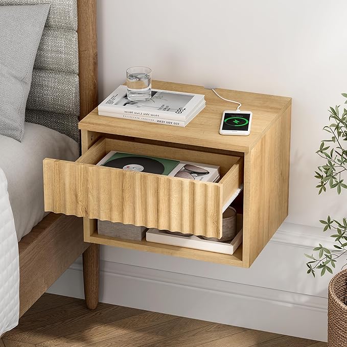 Floating Nightstands Set of 3 with Drawer and Open Shelf, Small Wall Mounted Bedside End Table, Modern Fluted Night Stand for Bedroom, Living Room, Natural Oak