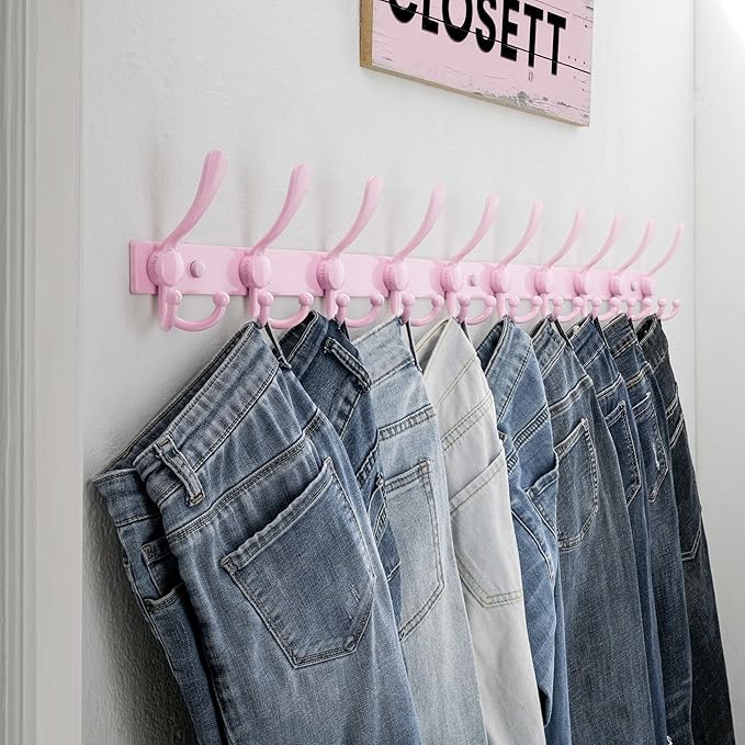 Dseap MaxStrong 2.0 Coat Rack Wall - 37” Long 10 Tri Hooks - Ultra Heavy-Duty Stainless Steel Wall Mount Coat Hanger, Hook Rail for Clothes Hats Jacket Towels Pink
