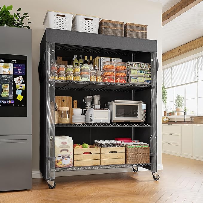 REIBII 4-Tier Storage Shelves Wire Shelving Unit with Cover & Wheels, Heavy Duty Metal Shelving for Dorm Storage Shelves, Garage Storage Rack Commercial Shelf, Pantry, Kitchen, 36" W*14.3" D*56.5" H