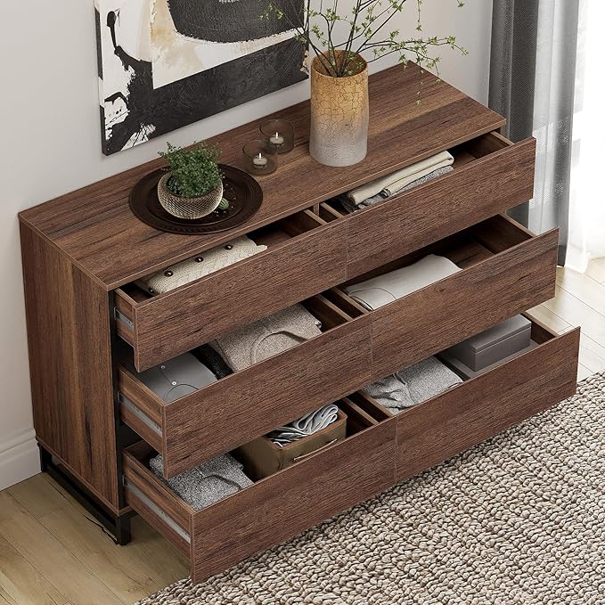 WAMPAT Dresser for Bedroom, Modern Wood Dresser with 6 Drawers, Chest of Drawers with Metal Base, Closet Organizers Storage for Living Room, Bedroom, Brown