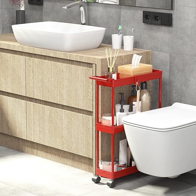 Simple Houseware 3-Tier Slim/Narrow Storage Cart with Handle, 5.5'' Wide x 26.5'' Height Rolling Organizer for Kitchen, Bathroom, Laundry Room - Red