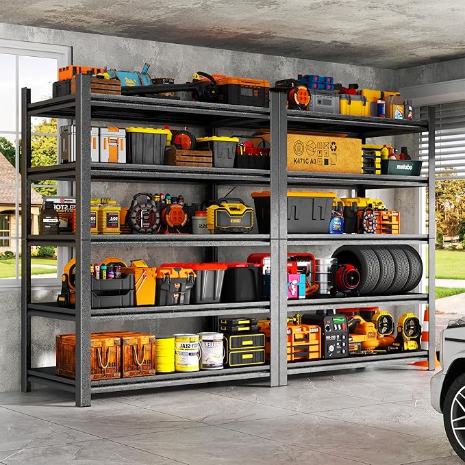Metal Garage Shelving Unit, Heavy Duty 5-Tier Adjustable Storage Rack, Steel Shelving, 3020 lbs Capacity, Industrial Shelves for Heavy Tools and Equipment, Ideal for Garage, Basement, Black, 63"