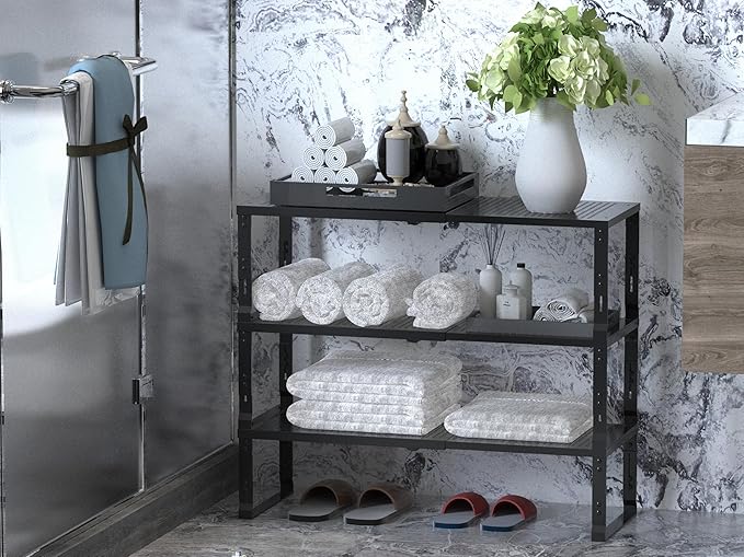 Adjustable Expanable Stackable Spice Rack Shelf Pantry Storage Organizer for Kitchen Cabinet,Countertop,Bathroom and More.Space is no Longer Limited(1Pack/Black/Medium)