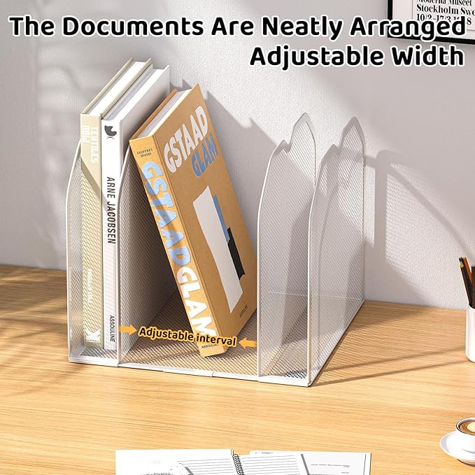 White 5-Section File Folder Organizer for Desk – 8.5"×9.3" Metal Vertical File Holder, Desktop File Organizer Vertical Stand, Letter/A4 Upright File Sorter