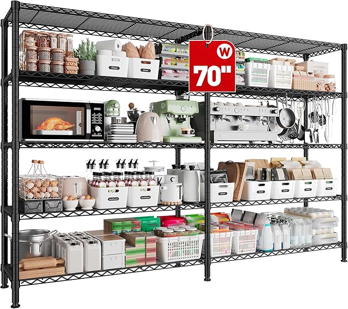 REIBII 70" W Storage Shelves Load 1600LBS,Metal Shelving 5-Tier Wire Shelving Unit Garage Shelving for Storage Adjustable Metal Shelves for Pantry Kitchen Garage Commercial, 70" W*15.8" D*72.4" H