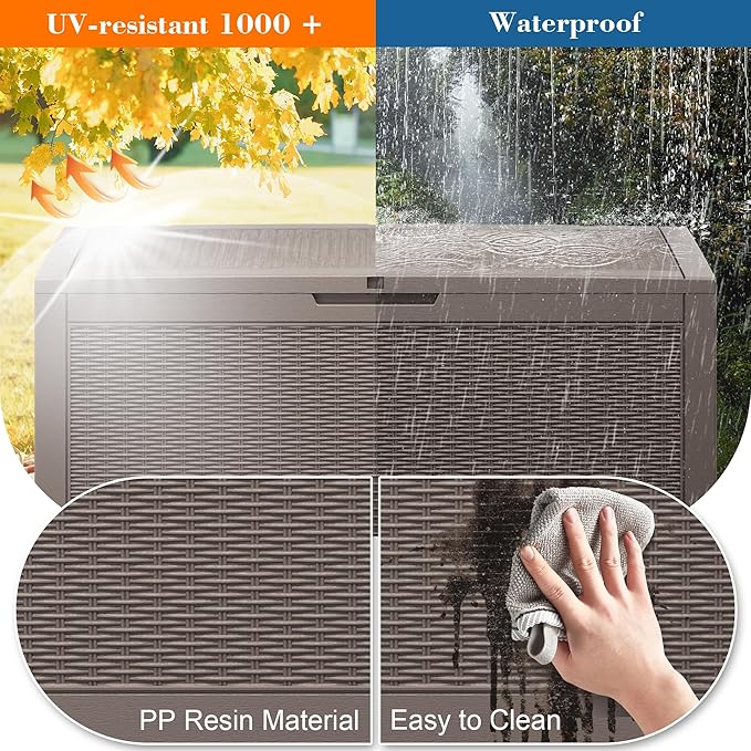 100 Gallon Outdoor Storage Box Waterproof, Resin Deck Box Doubles as 2-Person Bench Seat, Lockable Patio Storage Boxes Outdoor Waterproof for Furniture, Gardening Tools, Grey