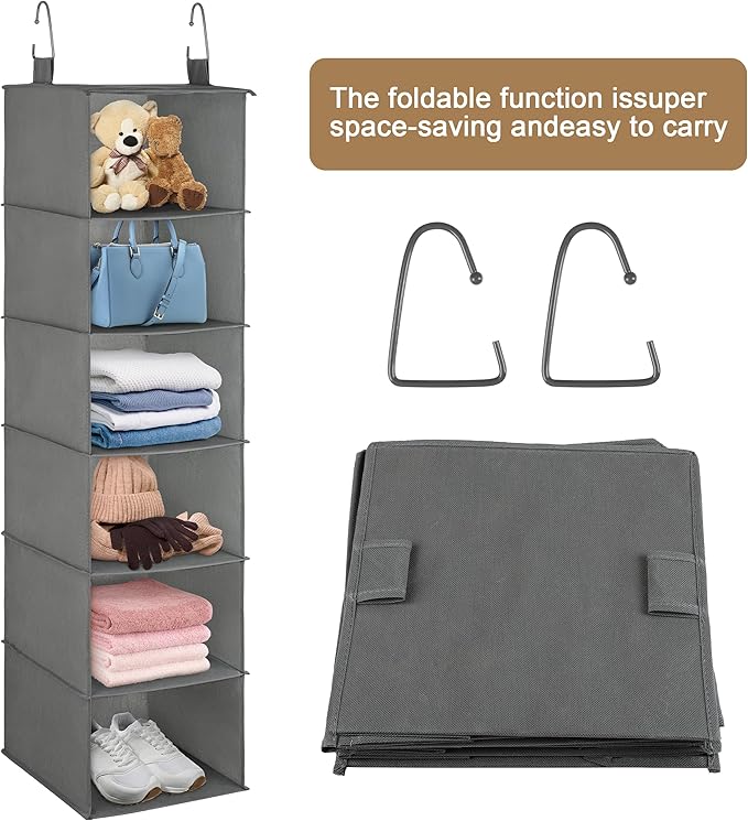 Libeder 6-Shelf Hanging Organizer with Drawers, Closet Hanging Organizers and Storage Shelves with 6 Side Pockets,Hanging Shelves for Clothes, Underwear, Nursery, Closet, RV(Grey)