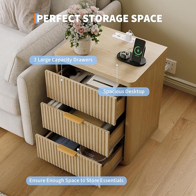 GarveeHome Fluted Nightstand with Charging Station, Bedside Table with 3 Drawers Storage Space, Metal Handles and Rounded Corners for Safety, Side Tables, End Table Bedroom, Living Room
