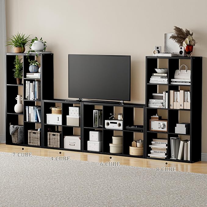 Cube Storage Organizer Bookcase, Decorative 11 inch Open Back Cubical Shelf with Thickened Border, Display Bookshelf for Living Room, Home Office, Sturdy Room (Black, 8 Cube)