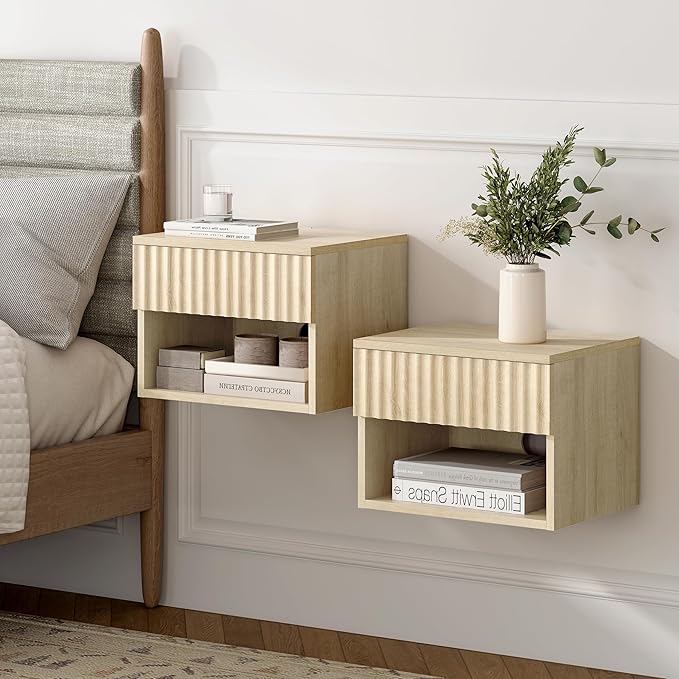 Floating TV Stands Set of 4 with Drawer and Open Shelf, Small Wall Mounted Bedside End Table, Modern Fluted Night Stand for Bedroom, Living Room, Light Oak