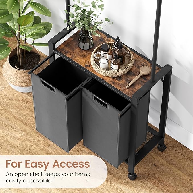 Laundry Sorter 2 Section Laundry Hamper Sorter with Clothes Hanging Rod and Wooden Storage Shelf 2 X 13gal Laundry Basket Organizer for Laundry Room Organization Storage Baskets, Black