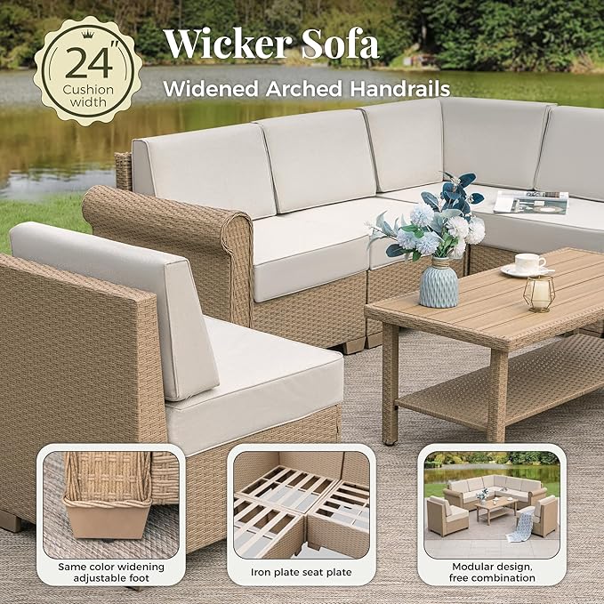 Patio Furniture Set, 8 Piece Outdoor Rattan Wicker Sectional Conversation Set with 5.5" Thick Waterproof Cushions and Coffee Table