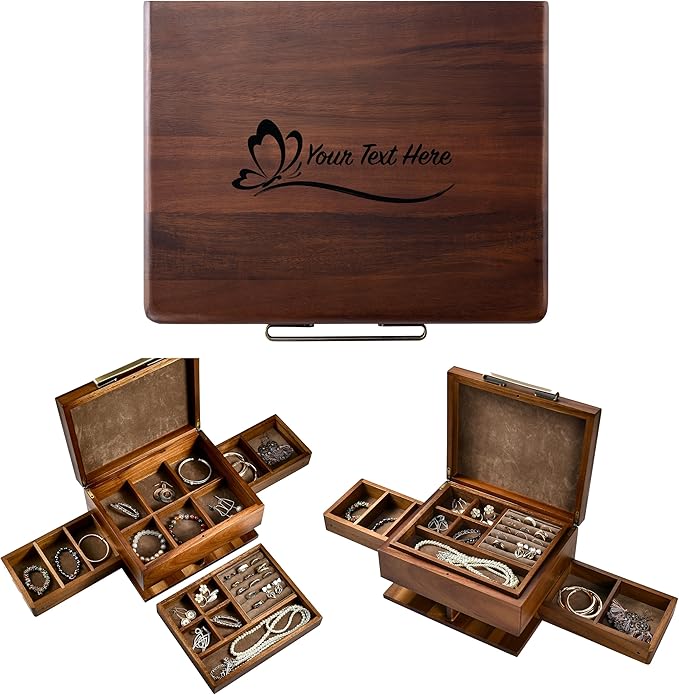Shanik Wooden Jewelry Box for Women – Elegant Organizer with Ring Cushions, Pull-Out Drawers & Necklace/Earring Storage, Compact Gift for Jewelry Lovers