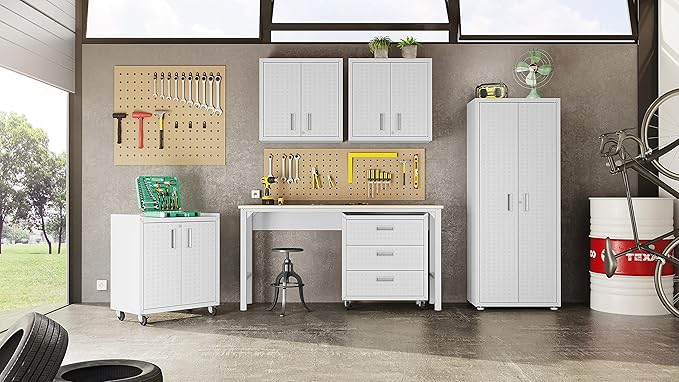 Manhattan Comfort Fortress Textured Metal 31.5" Garage Mobile Cabinet with 2 Adjustable Shelves in White