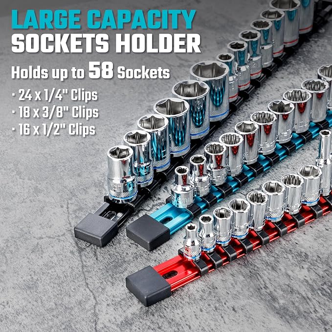 DURATECH Socket Organizer Set, 3-Piece Aluminum Alloy Socket Holder, Heavy Duty Socket Rail, 1/4" x 24 Clips, 3/8" x 18 Clips, 1/2" x 16 Clips