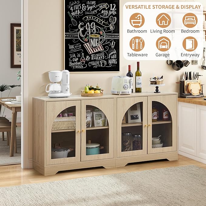 Farmhouse Floor Storage Cabinet with Arched Acrylic Door, 27" Short Accent Display Sideboard Buffet Cabinet with Adjustable Shelf for Living Room, Bathroom, Kitchen Coffee Bar (Natural)