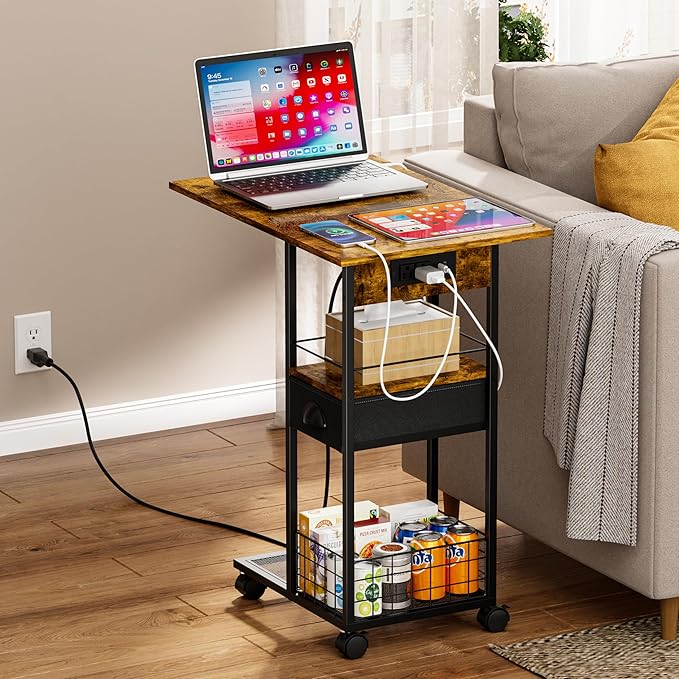 Rolling C-Shaped Side Table with Charging Station, Night Stand with Type-C & USB Port and Outlet for Bedroom, Spacious Coffee Table with Wheels for Living Room, Home Office, Small Space(Large Desktop)
