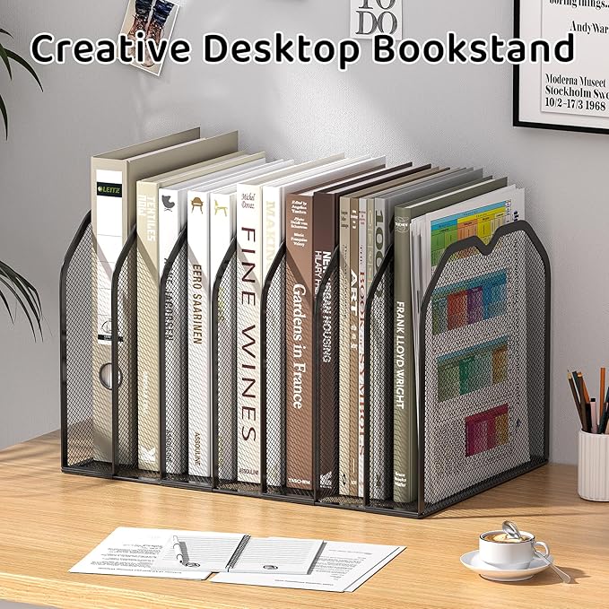 Black 7-Section File Folder Organizer for Desk – Metal Vertical File Holder, Desktop File Organizer Vertical Stand, Letter/A4 Folder Rack, Upright File Sorter, Office Paper Organizer