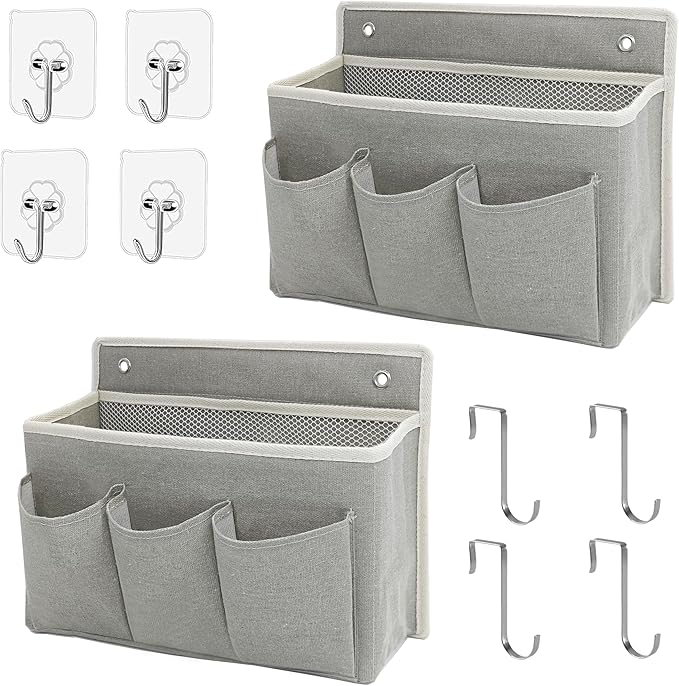2-Pack Wall Hanging Organizer Bag/Hanging Baskets with Large Mesh Compartment & 3 Pockets，Over the Door Organizer Space Saving Storage for Bedroom,RV Camper, Closet (Gray -2 Pack)