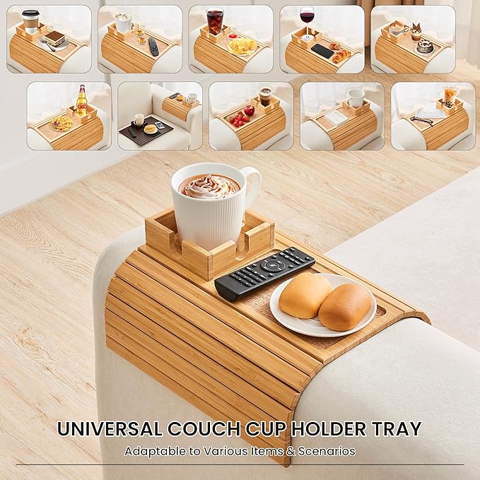 Bamboo Couch Cup Holder, Foldable Sofa Arm Tray, Anti-Slip Couch Aremrest Tray Table for Drink, Cup, Remote, Snacks, Cellphone, Portable, Bamboo/Cork Color