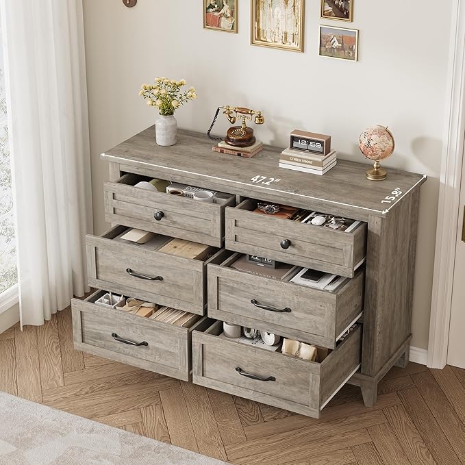 GarveeHome 6 Dresser for Bedroom, 47 in Wide Drawer Dresser with Storage Freestanding, Wooden Closet Storage Chest for Living Room, Bedroom, Entryway, Grey