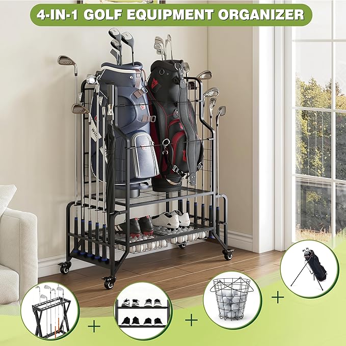 Heavy-Duty Golf Bag Storage Garage Organizer with Wheels - Large Dual Bag Stand & Club Rack with 2 Ball Drawers, Innovative Wave Holder, and Extra Shoe Shelf for Garage & Home