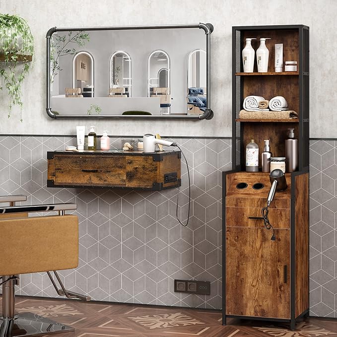 Industrial Style Hair Salon Station, Beauty Equipment Station for Hair Stylists, Spas & Barbers, Storage Cabinet with 3 Hair Dryer Holes and Lockable Drawers, Rustic Brown