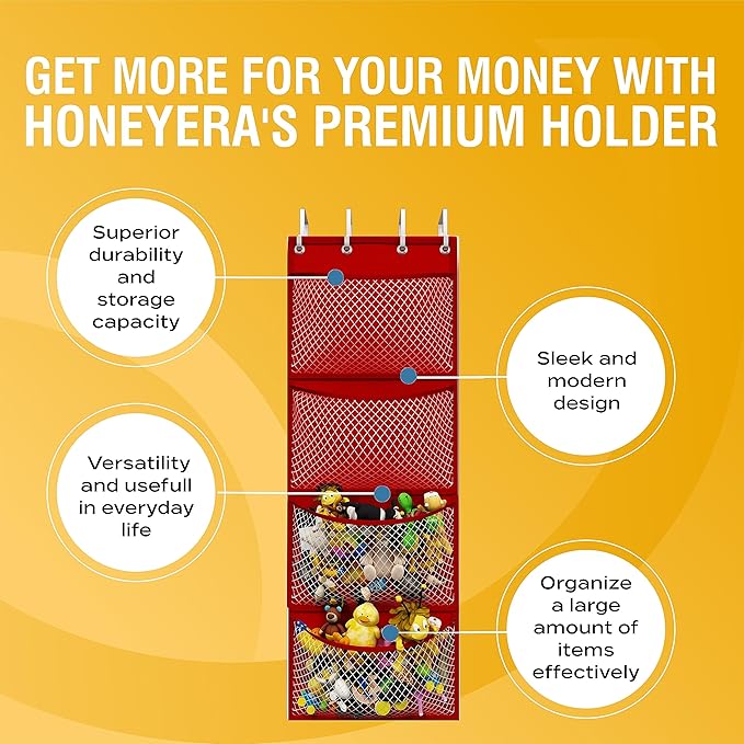 Honeyera Storage for Stuffed Animal - Over Door Organizer for Stuffies, Baby Accessories, and Toy Plush organizer/Easy Installation with Breathable Hanging Storage Pockets (SuperHero Red)