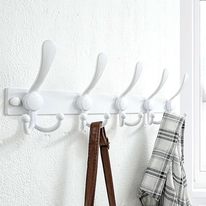 Dseap Coat Rack Wall Mount 2.0 Pro: Heavy Duty 300% Thicker, 16" Stud Mount, Stainless Steel Wall Coat Hooks Hanger for Clothes Jackets Hats Entryway Closet, MaxStrong Series, White, Pack of 2