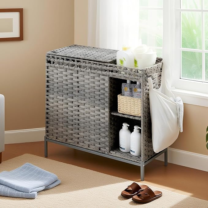 Laundry Hamper with Lid, 110L (29.1 Gal) Rattan Laundry Hamper 2 Section with 50L (13.2 Gal) Storage Shelf, Wicker Woven Laundry Sorter Basket with 3 Liner Bags and Handles, Gray GLH002G
